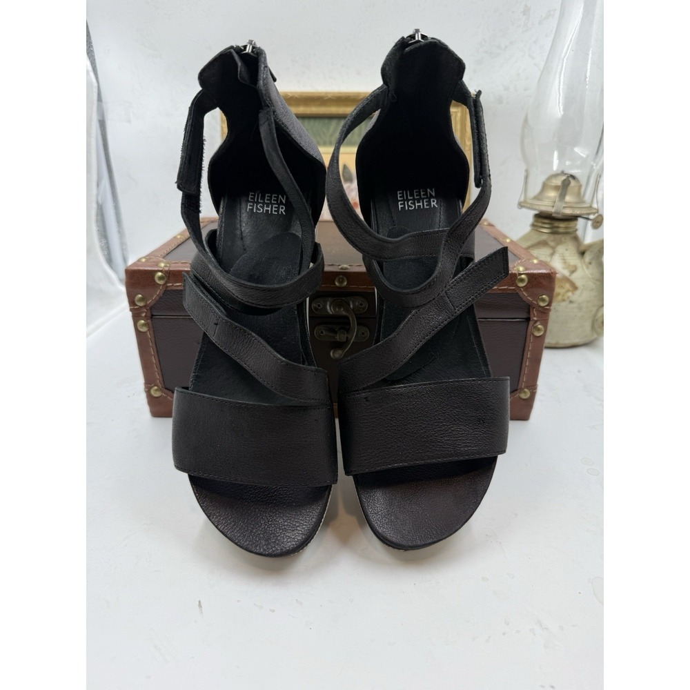 Eileen Fisher Womens Sandal‎ Size 8 .5 Black Giga Crisscross Leather